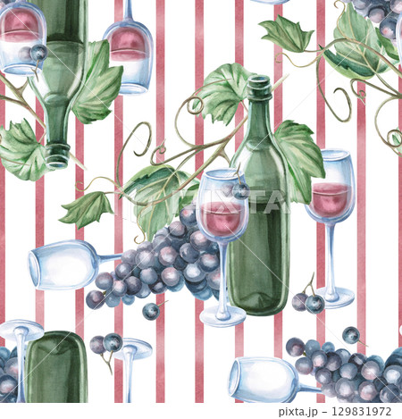 Seamless pattern with a bottle of red wine and glasses on a striped background. Watercolor illustration in a realistic style for packaging design, wine list, printing on kitchen textiles and fabric. Seamless pattern with a bottle of red wine and glasses on a striped background. Watercolor illustration in a realistic style for packaging design, wine list, printing on kitchen textiles and fabric. 129831972
