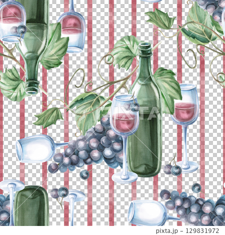 Seamless pattern with a bottle of red wine and glasses on a striped background. Watercolor illustration in a realistic style for packaging design, wine list, printing on kitchen textiles and fabric. 129831972