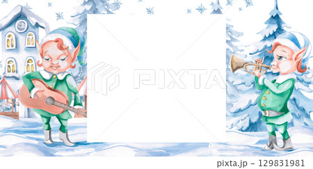 Rectangular frame with elves-musicians on the background of a snow town. Isolated watercolor illustration for decorating invitations, interior, postcards, Christmas fairs. Rectangular frame with elves-musicians on the background of a snow town. Isolated watercolor illustration for decorating invitations, interior, postcards, Christmas fairs. 129831981