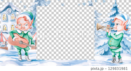 Rectangular frame with elves-musicians on the background of a snow town. Isolated watercolor illustration for decorating invitations, interior, postcards, Christmas fairs. Rectangular frame with elves-musicians on the background of a snow town. Isolated watercolor illustration for decorating invitations, interior, postcards, Christmas fairs. 129831981