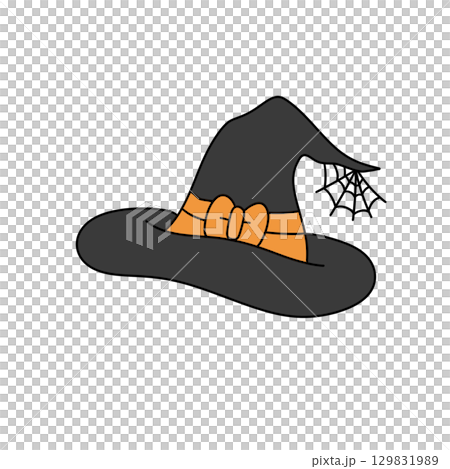 A black and orange witch hat with a spider web on it 129831989