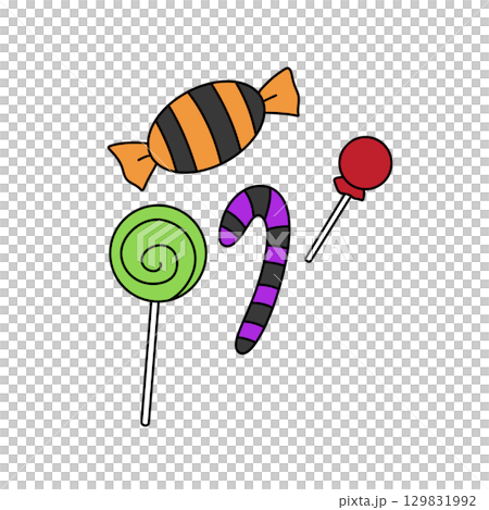 A cartoon of a candy cane, lollipop, and candy bar A cartoon of a candy cane, lollipop, and candy bar 129831992