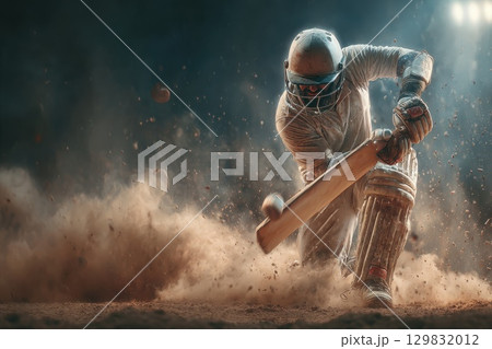 Dynamic Cricket Batsman Swinging Bat to Hit Ball Amid Dust and Dramatic Light 129832012