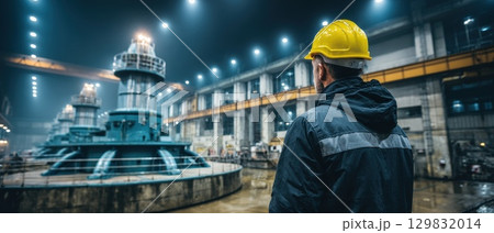 Engineer Wearing Safety Helmet Inspecting Mass Industrial Equipment in Factory Environment 129832014