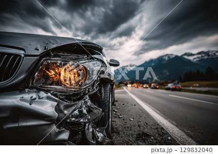 Crushed Car Side View Against Median in Dramatic Landscape with Cloudy Sky and Mountains Crushed Car Side View Against Median in Dramatic Landscape with Cloudy Sky and Mountains 129832040