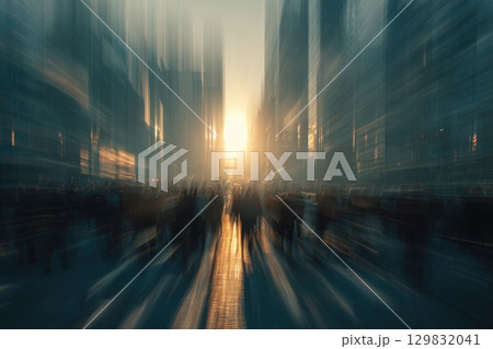 Expansive Urban Scene with Blurred Figures Amidst Business District During Golden Hour Expansive Urban Scene with Blurred Figures Amidst Business District During Golden Hour 129832041