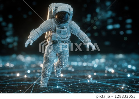 An Astronaut with Transparent Helmet Displaying AI Features in Digital Space Environment 129832053