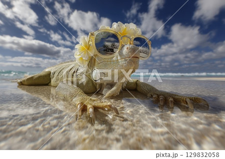 Iguana Basking in the Sun with Sleepy Expression and Stylish Sunglasses on Tropical Beach 129832058