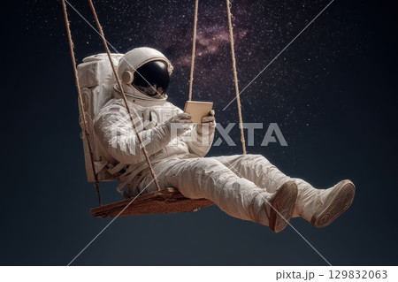 Astronaut Relaxing on Swing in Space Surrounded by Stars and Cosmic Dust 129832063