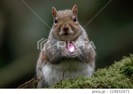 Radiant Squirrel Holding a Pink Gemstone Pendant in a Lush Green Forest Setting 129832071