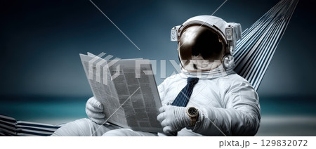 Chubby Astronaut Relaxing Peacefully in Space Suit While Enjoying a Newspaper in a Tranquil Setting 129832072