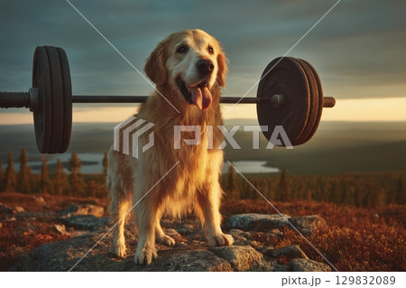 Playful Golden Retriever Dog Lifting Barbell Shaped Bone on Scenic Hilltop at Sunset 129832089