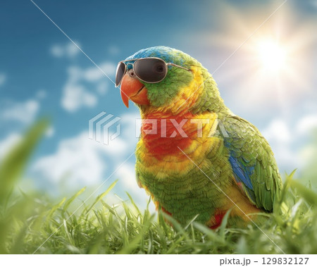 Colorful Parrot in Sunglasses Sitting in Grass Under Bright Sunlight Colorful Parrot in Sunglasses Sitting in Grass Under Bright Sunlight 129832127