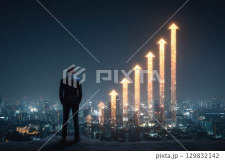 Businessperson Standing on Rooftop Overlooking City with Glowing Growth Graphs at Night Businessperson Standing on Rooftop Overlooking City with Glowing Growth Graphs at Night 129832142