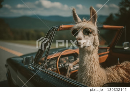 Fluffy Alpaca Wearing Sunglasses in Classic Car on Scenic Road Trip Adventure 129832145