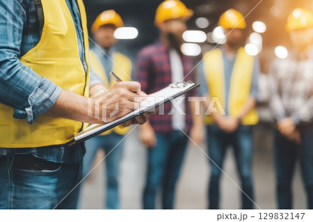 Construction Workers Overseeing Safety Protocols with Scaffolding in Background Under Bright Lights 129832147