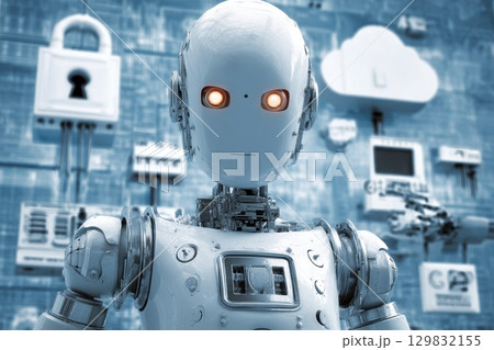 Futuristic Humanoid Robot Head Surrounded by Glowing Technology Elements and Digital Patterns 129832155