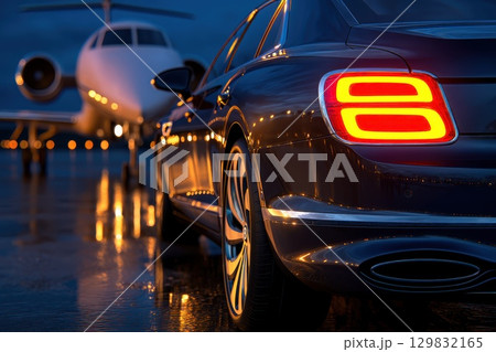 Luxurious Private Car Transfer Near Elite Airport at Twilight with Jet in Background 129832165