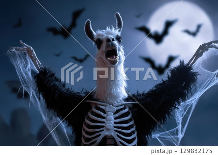 Surreal Llama Dabbing in Skeleton Costume with Cobwebs at Night Surreal Llama Dabbing in Skeleton Costume with Cobwebs at Night 129832175