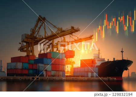Blending of Air, Sea and Land Transport in a Composite Scene of a Port at Sunset 129832194