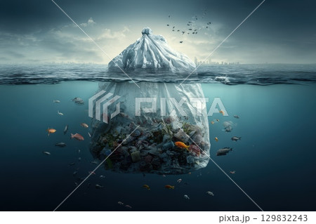 Massive Trash Bag Shaped Like Iceberg Floating in Water with Fish and Skyline Background Massive Trash Bag Shaped Like Iceberg Floating in Water with Fish and Skyline Background 129832243