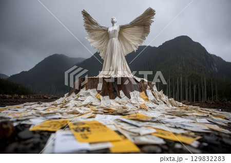 Angelic Sculpture Made from Assembled Plastic Rings and Trash Flyers in Nature 129832283