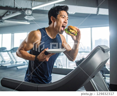 ハンバーガーを食べながら走るトレーニー トレーニングジム ジャンクアップジム ハンバーガーを食べながら走るトレーニー トレーニングジム ジャンクアップジム 129832317