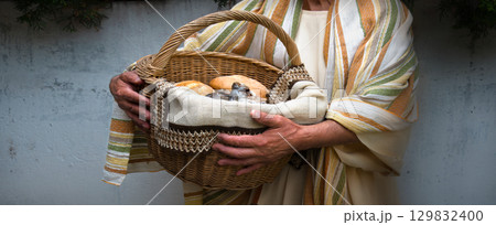 Old man with ancient basket Old man with ancient basket 129832400