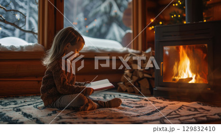 Child sits by cozy fireplace reading book in wooden cabin, surrounded by snow outside. Warm and peaceful atmosphere 129832410