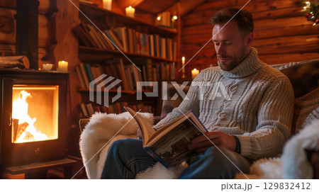 Cozy cabin scene with man reading by fireplace, surrounded by books and warm candlelight 129832412