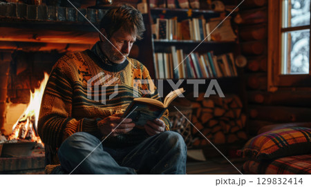 Cozy scene of man reading by fireplace in rustic cabin, wearing warm sweater. Books and logs are visible, creating peaceful atmosphere 129832414