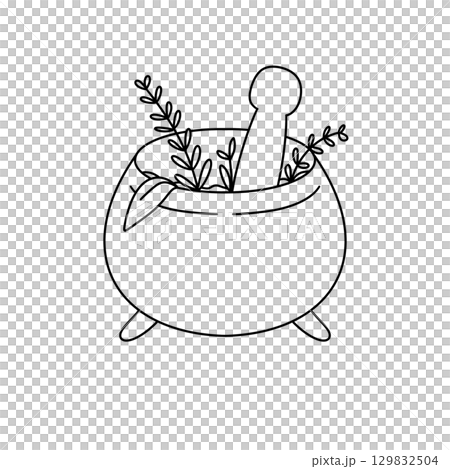 A white pot with herbs and a mortar and pestle inside A white pot with herbs and a mortar and pestle inside 129832504
