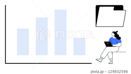 Businesswoman sitting with a laptop beside a bar chart and a folder. Ideal for business analysis, data management, workflow, organization, digital archiving, productivity, and office presentations 129832598