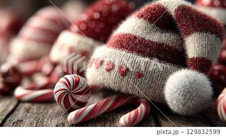Festive red and white striped knit hat with candy canes and peppermint candies on wooden surface 129832599