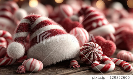 Festive red and white striped Santa hat surrounded by candy canes and ornaments on wooden surface 129832600