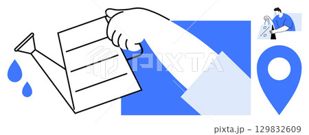 Hand holding watering can with drops, GPS pin, partial arm in square blue backdrop, tiny phone view. Ideal for gardening, location services, technology, digital design, nature care navigation Hand holding watering can with drops, GPS pin, partial arm in square blue backdrop, tiny phone view. Ideal for gardening, location services, technology, digital design, nature care navigation 129832609