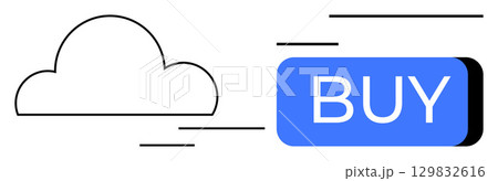 Cloud icon with blue BUY button and motion lines suggesting fast online purchasing. Ideal for ecommerce, digital marketing, online sales, technology, cloud services, user experience, shopping apps 129832616
