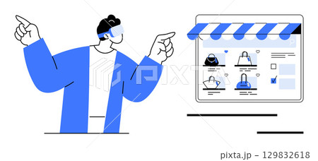 Person using VR headset pointing at web page displaying various handbags. Ideal for e-commerce, online shopping, virtual reality, digital marketing, tech innovation, retail business, UIUX design Person using VR headset pointing at web page displaying various handbags. Ideal for e-commerce, online shopping, virtual reality, digital marketing, tech innovation, retail business, UIUX design 129832618