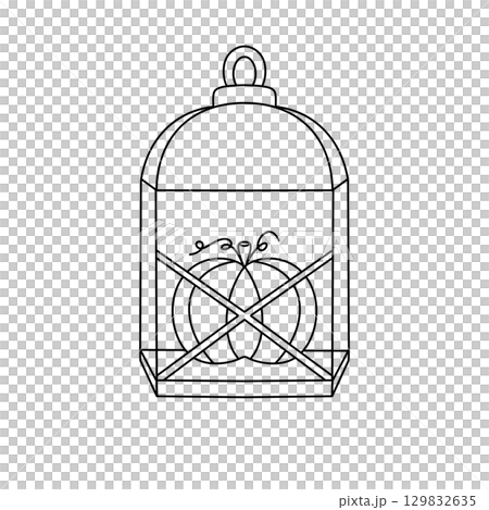 A black and white drawing of a pumpkin lantern with two pumpkins inside A black and white drawing of a pumpkin lantern with two pumpkins inside 129832635