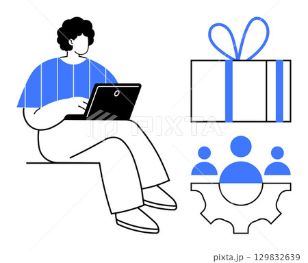 Individual with laptop seated beside wrapped gift and team management icon. Ideal for remote work, productivity, online shopping, team building, corporate gifts, HR, customer engagement. Line 129832639