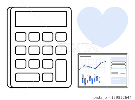 Calculator, heart shape, and data charts with graphs and statistics. Ideal for finance, budgeting, personal finance management, accounting, financial planning, data analysis, and educational 129832644
