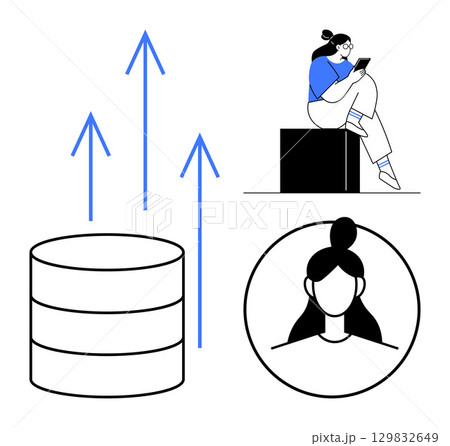 Arrows rising from a database icon, profile of a woman, and a woman using a tablet. Ideal for tech, data management, growth, user analysis, online interaction, digital learning and innovation 129832649