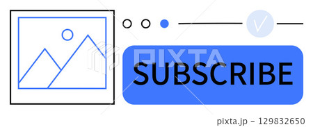 Geometric image of mountains and sun next to bold blue Subscribe button and connected icons. Ideal for web design, marketing, social media, notifications, calls to action, digital content, online 129832650