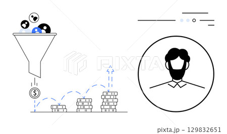 Sales funnel filtering customer leads, financial graph showing profit growth with stacking coins, and businessman portrait. Ideal for business strategy, marketing, financial services, sales 129832651