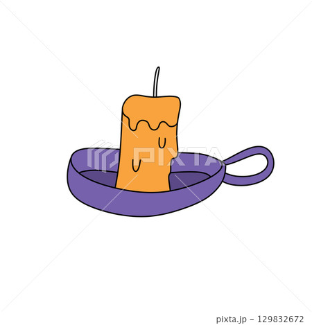 A cartoonish drawing of a candle in a purple bowl 129832672