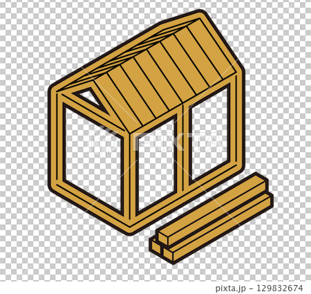 Isometric illustration of a new house under construction at the framing stage (isometric drawing) 129832674