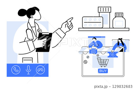 Doctor consulting patient via online call, holding clipboard. Online shopping cart with medication, computer screen, discount offers. Ideal for healthcare, telehealth, online purchases, e-commerce 129832683