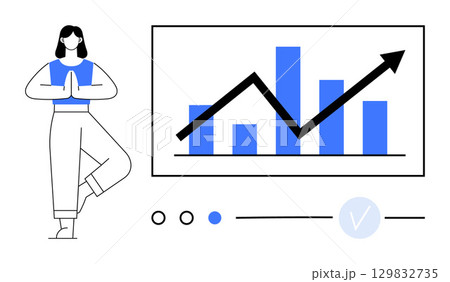 Woman in yoga pose next to rising bar graph and line chart, highlights balance and productivity. Ideal for business, health, success, growth, mindfulness, productivity motivation. Line metaphor 129832735