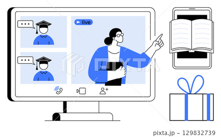 Virtual classroom with teacher pointing, two students with graduation caps on screen, smartphone displaying book, and gift box. Ideal for online education, teaching, graduation, e-learning, virtual 129832739