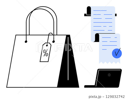 Shopping bag with a percentage tag and a receipt printing from a machine. Ideal for e-commerce, retail, discounts, sales promotions, and online shopping. Clean modern style 129832742